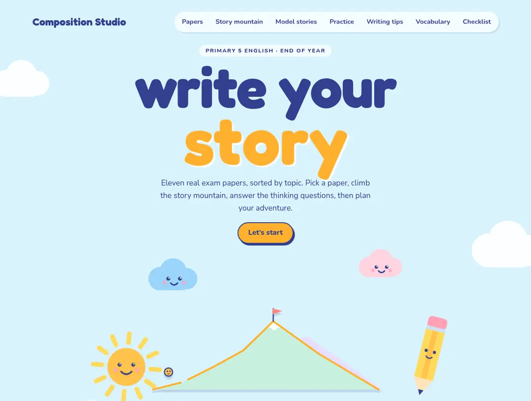 Composition Studio home screen with a story mountain and pastel cartoon illustrations