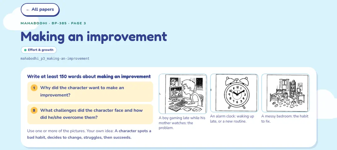 A composition paper showing its guiding questions and three extracted picture prompts