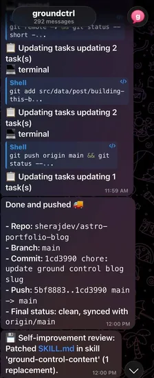 Hermes showing its task progress and final result in Telegram