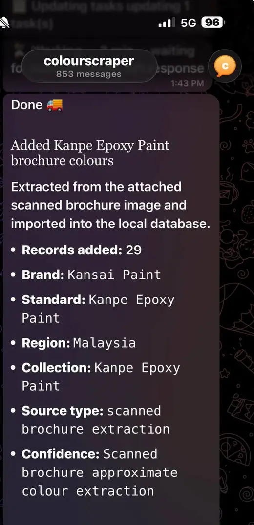Optimush reporting that 29 Kanpe Epoxy Paint colours were extracted and imported