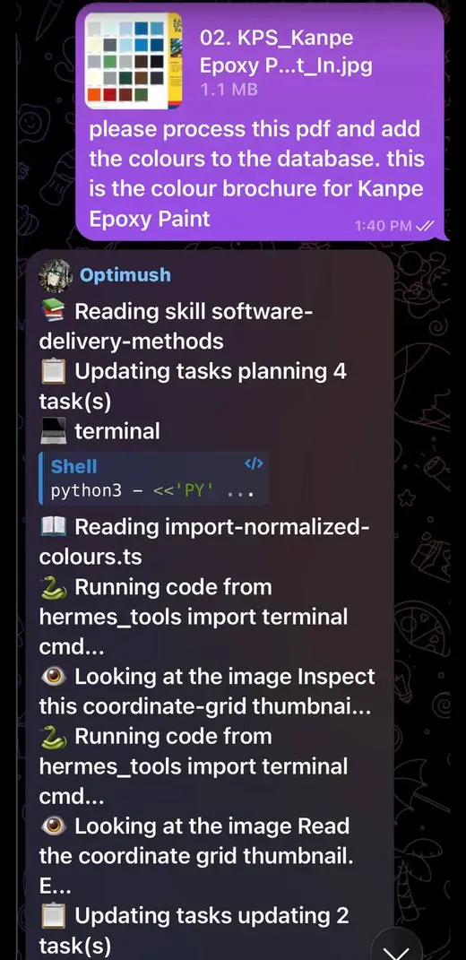 Telegram message asking Optimush to process a scanned Kanpe Epoxy Paint brochure
