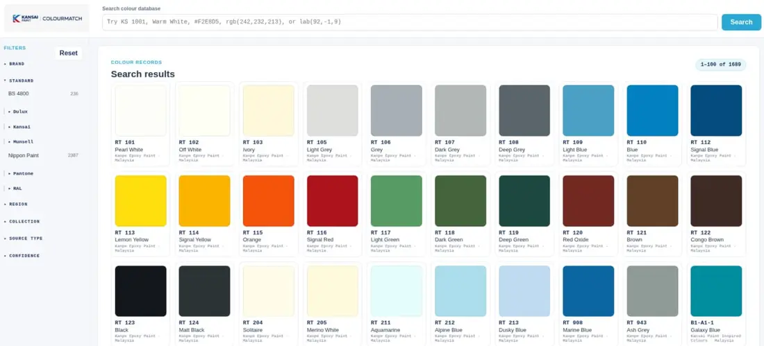 Kansai Colourmatch search results showing colour swatches and catalogue filters