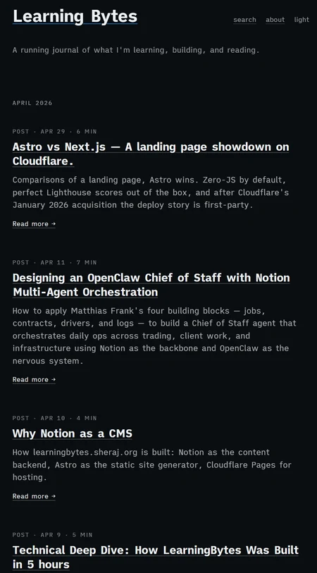 Learning Bytes homepage in dark mode